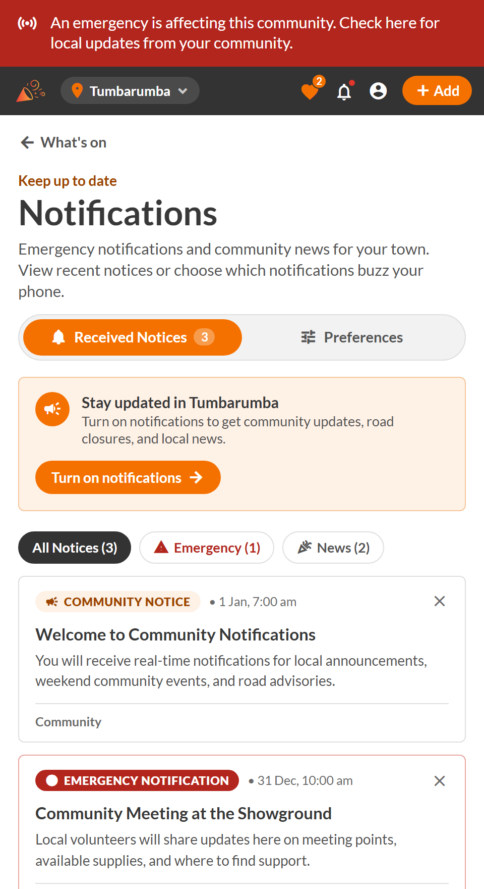 The emergency banner and emergency notifications in the What When Where app