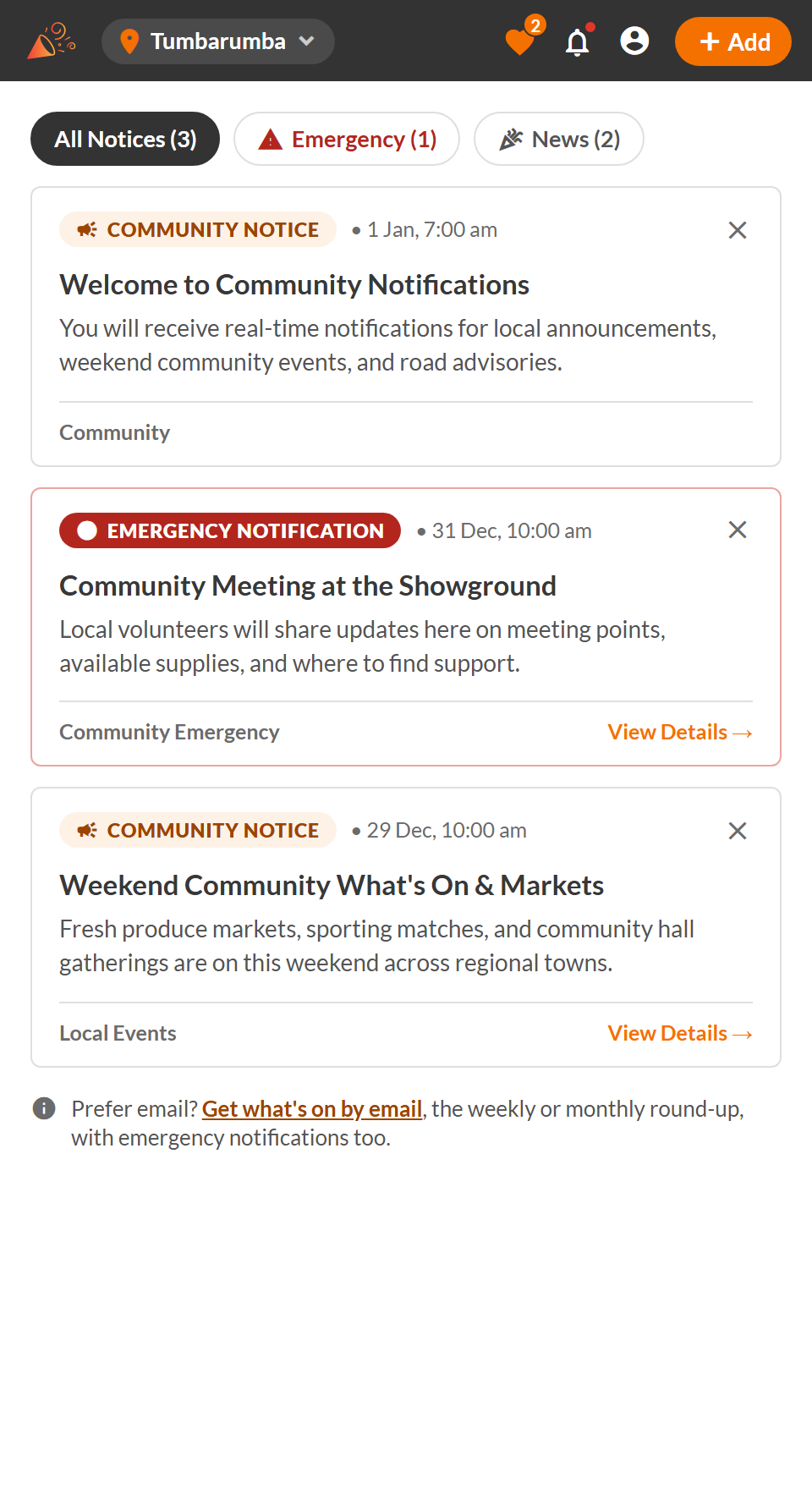 Community notices and an emergency notification in the What When Where app