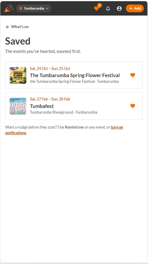 Saved events in the What When Where app