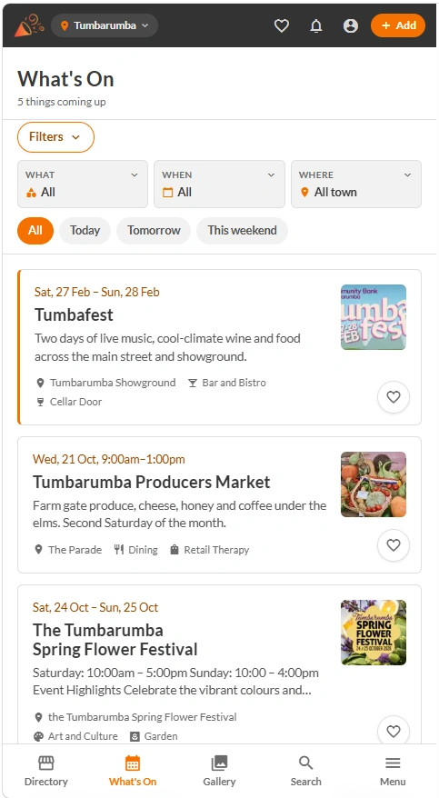 The What's On screen in the What When Where app, listing local events