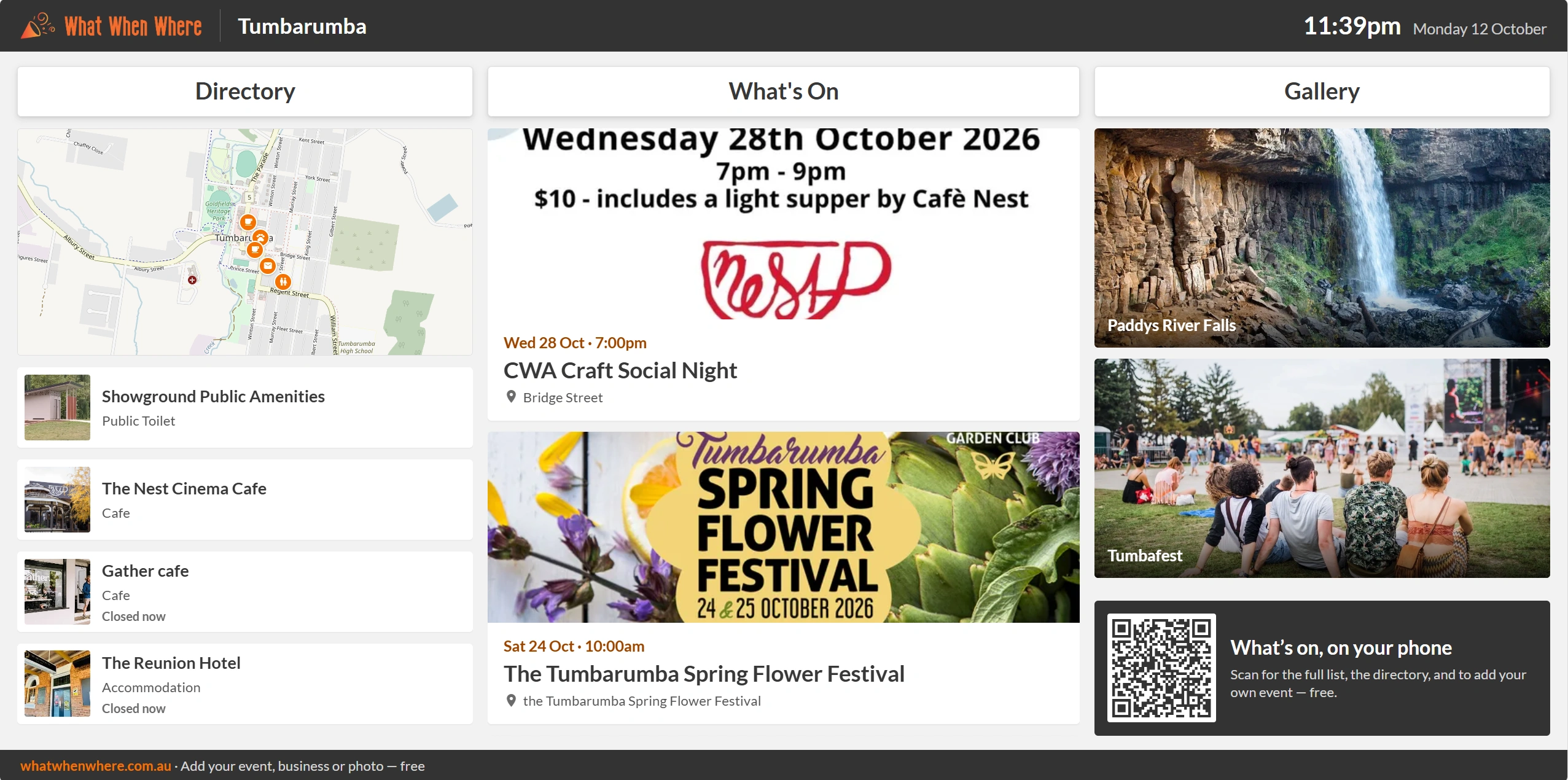 What When Where events shown on a display screen
